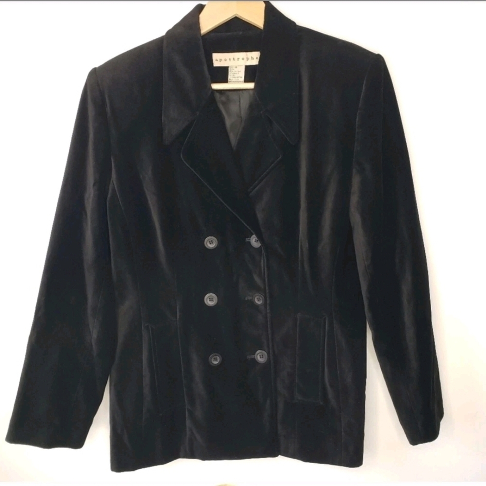 Vintage Apostrophe Black Velvet Double Breasted Blazer Size 8 Preppy Whimsigoth